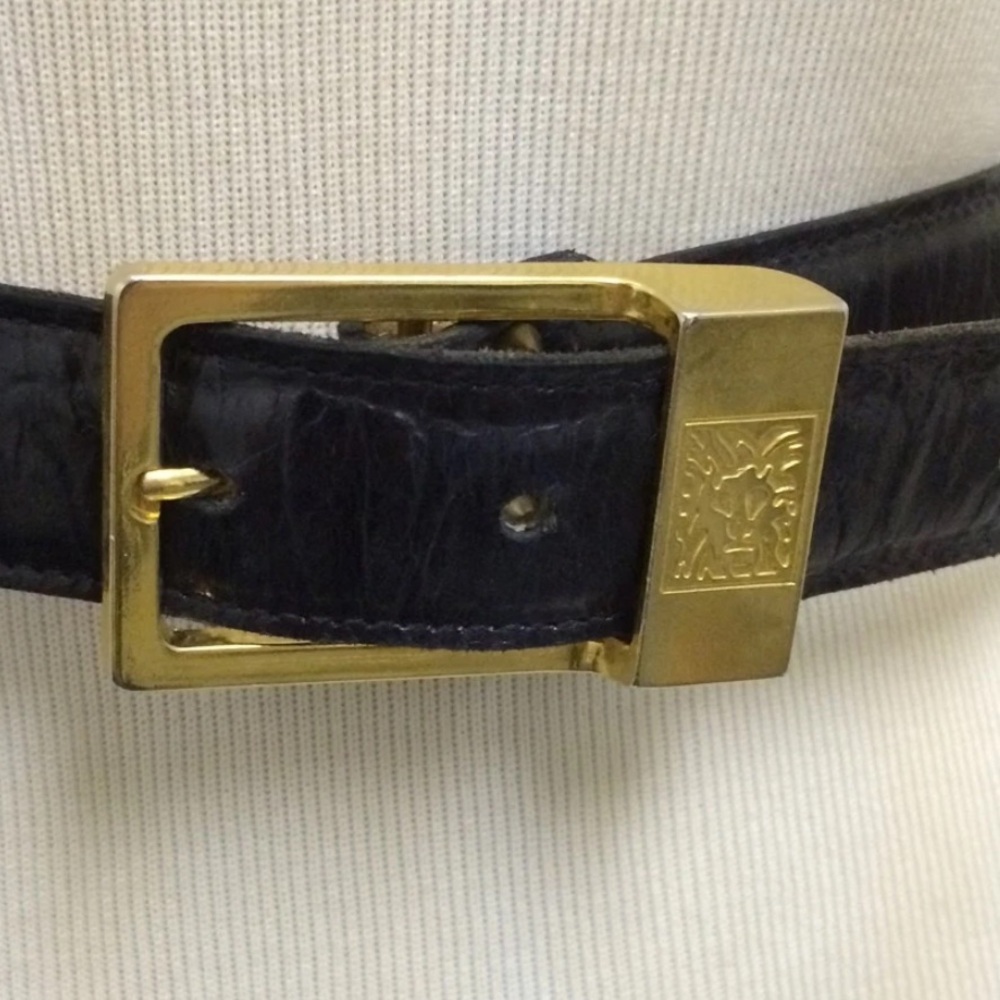 ANNE KLEIN Calderon Black Crocodile Embossed Leather Belt Gold Lion Buckle S USA